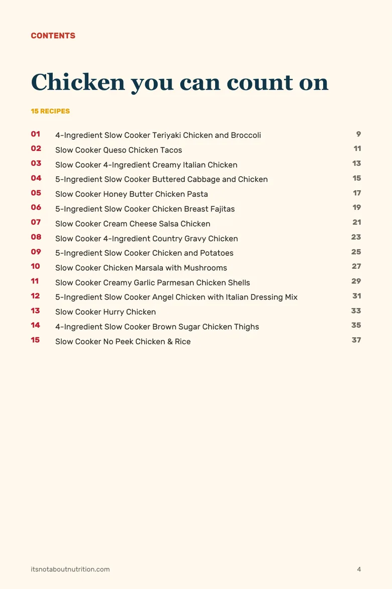 The contents page of 75 Dump & Go Slow Cooker Dinners