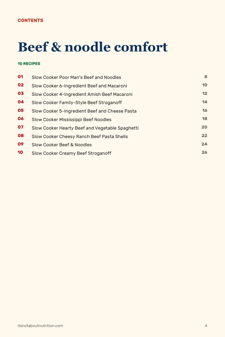 The contents page of 40 Slow Cooker Pasta, Casseroles & Noodle Dinners