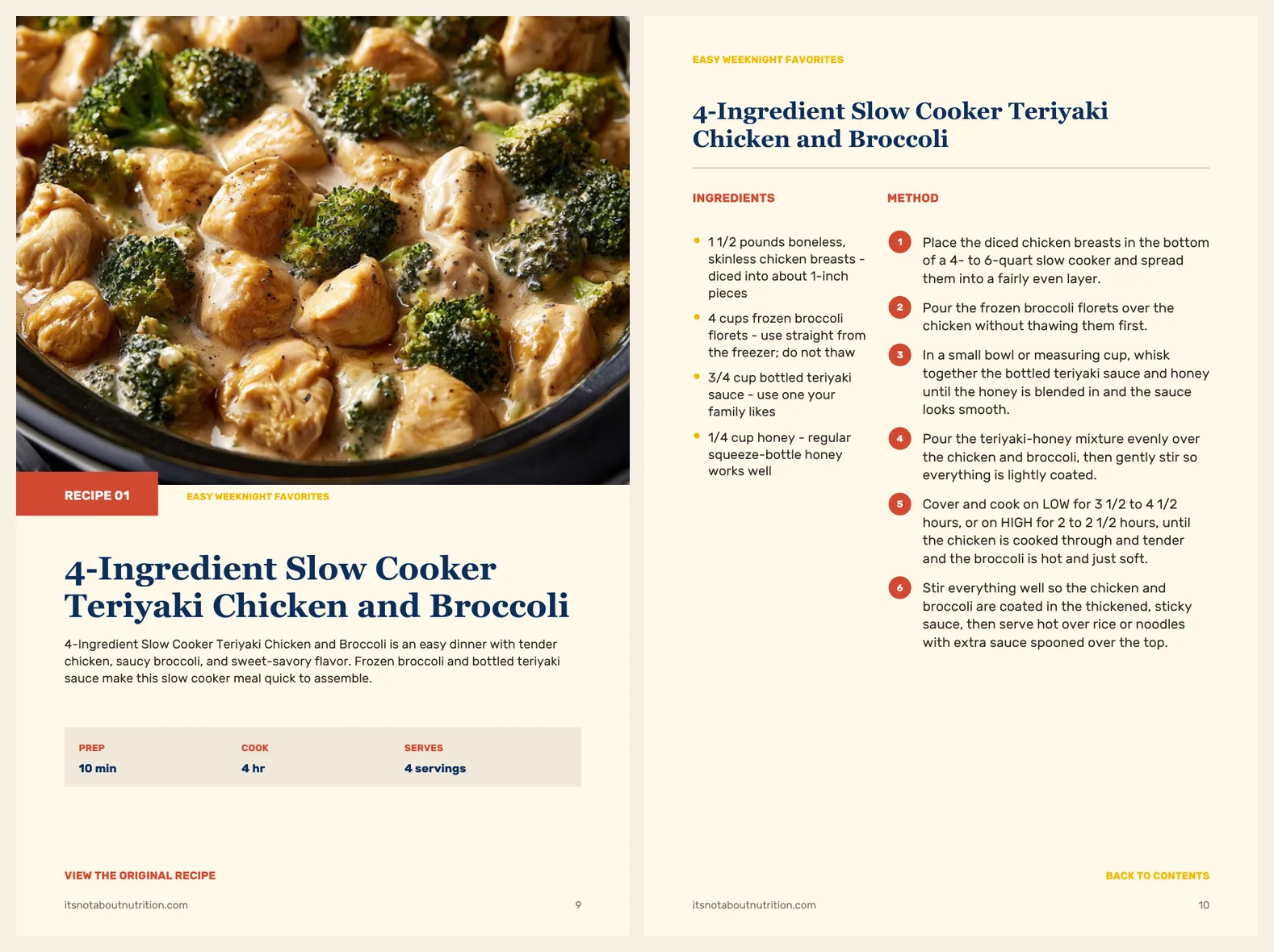 Two real pages from 60 Slow Cooker Chicken Dinners: the finished dinner and its ingredients and method