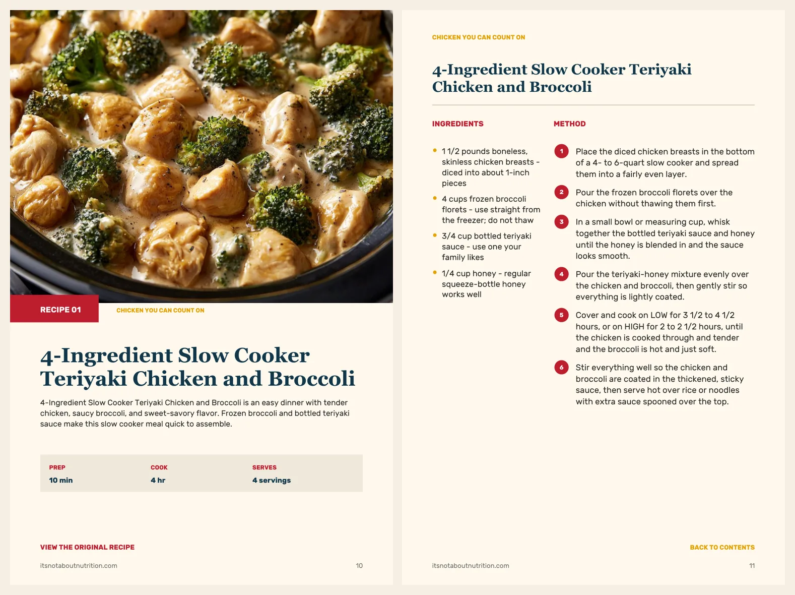 Two real pages from 75 Dump & Go Slow Cooker Dinners: the finished dinner and its ingredients and method