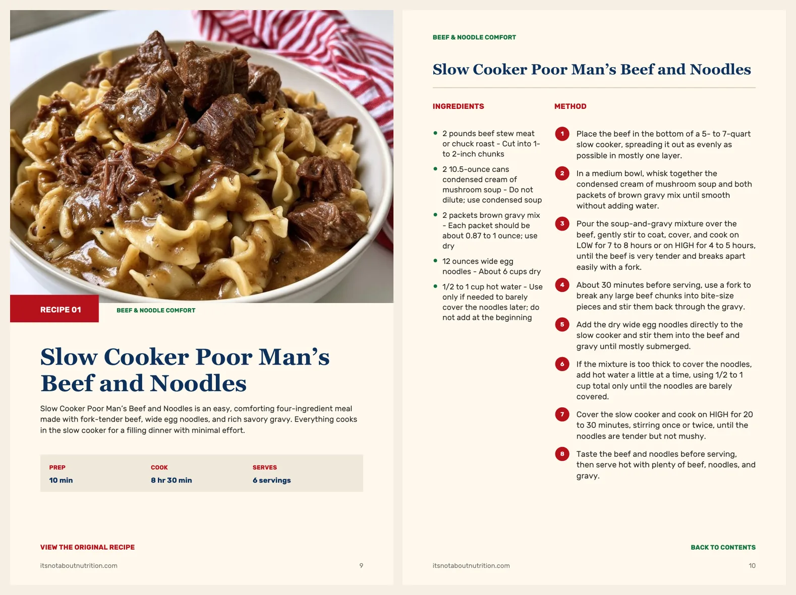 Two real pages from 40 Slow Cooker Pasta, Casseroles & Noodle Dinners: the finished dinner and its ingredients and method
