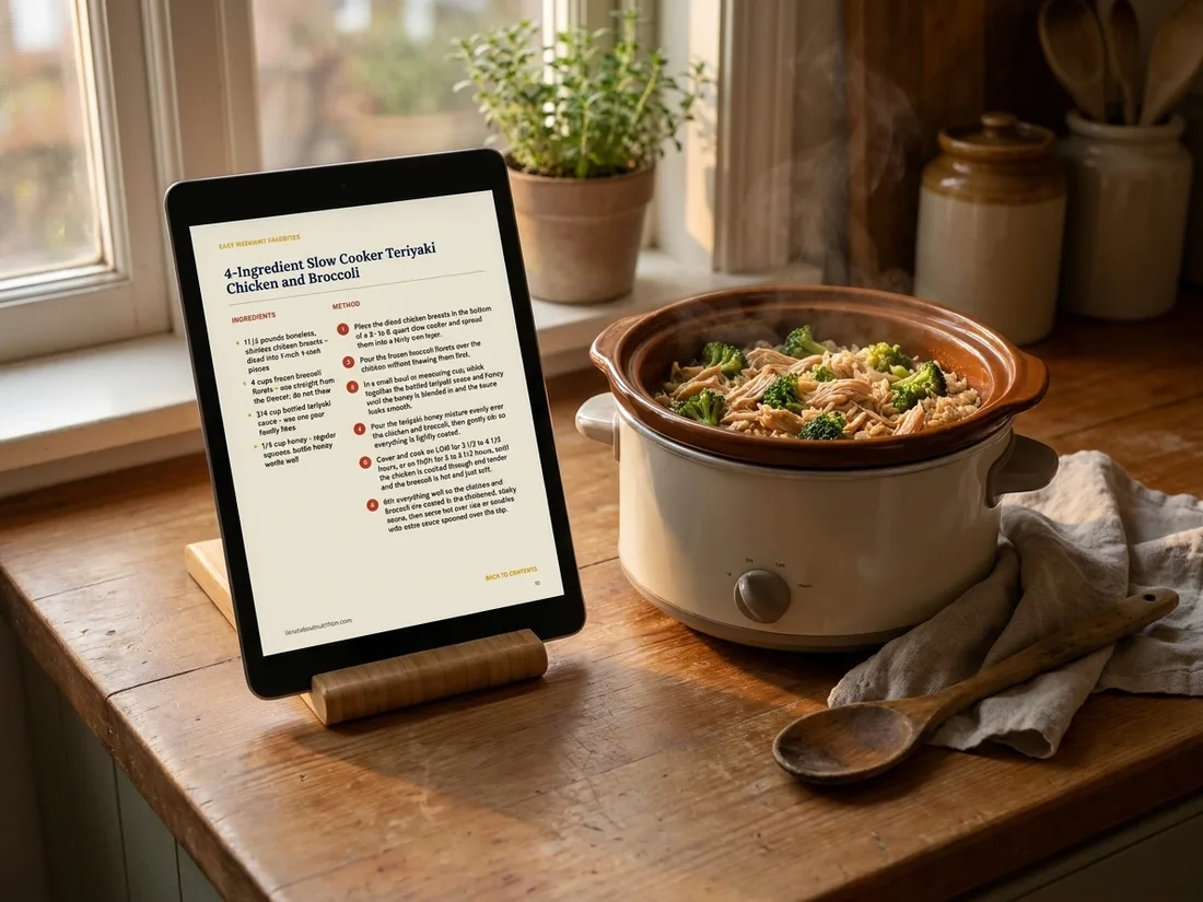 The recipe open on a tablet beside a slow cooker