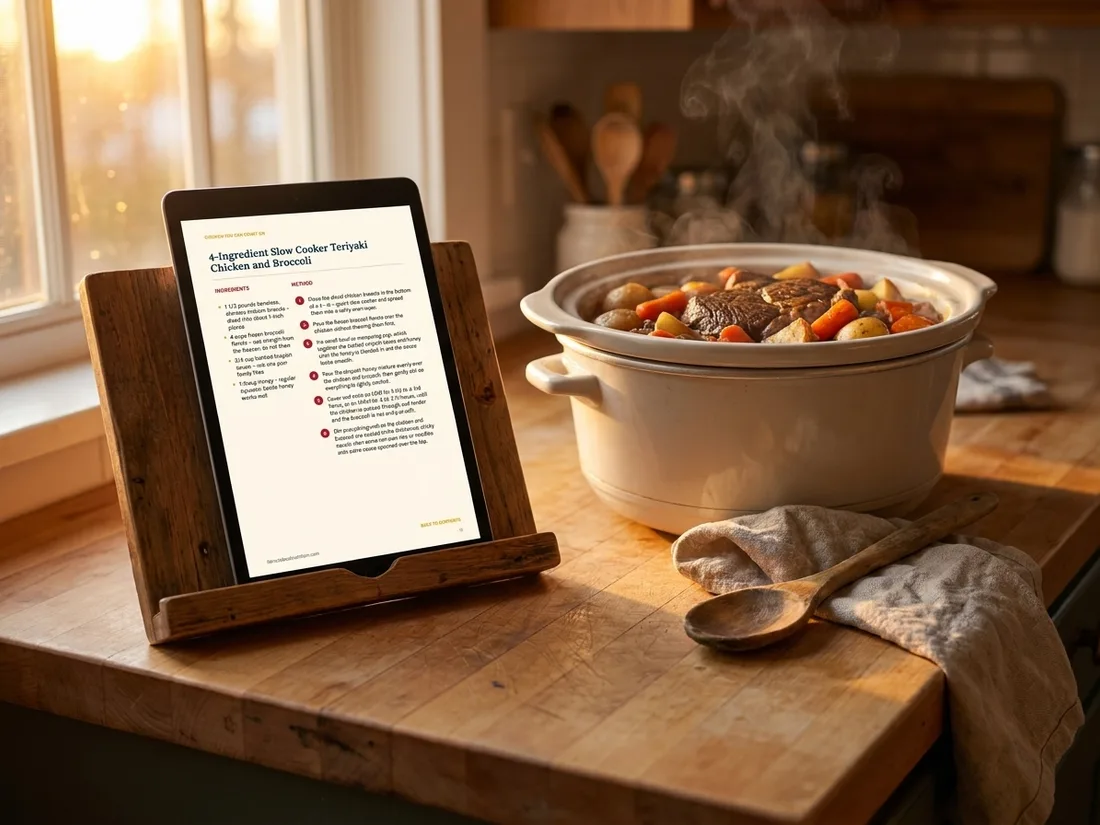 The recipe open on a tablet beside a slow cooker
