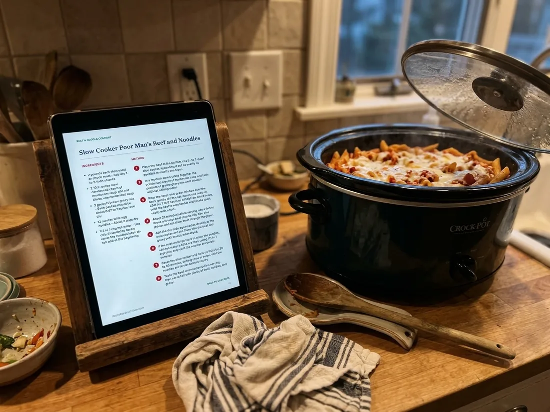 The recipe open on a tablet beside a slow cooker