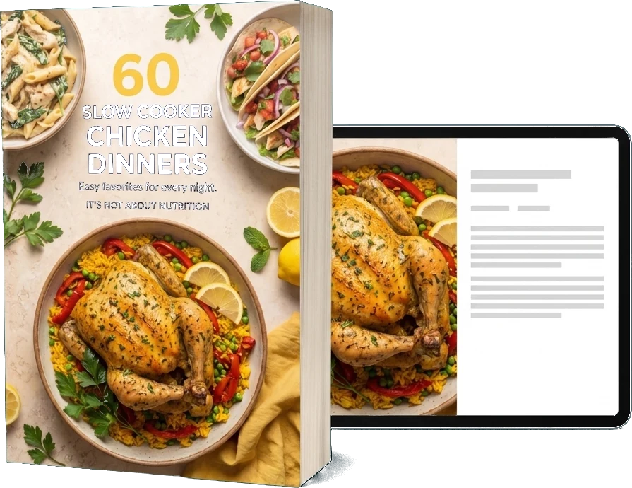 60 Slow Cooker Chicken Dinners shown as a printed cookbook and on a tablet