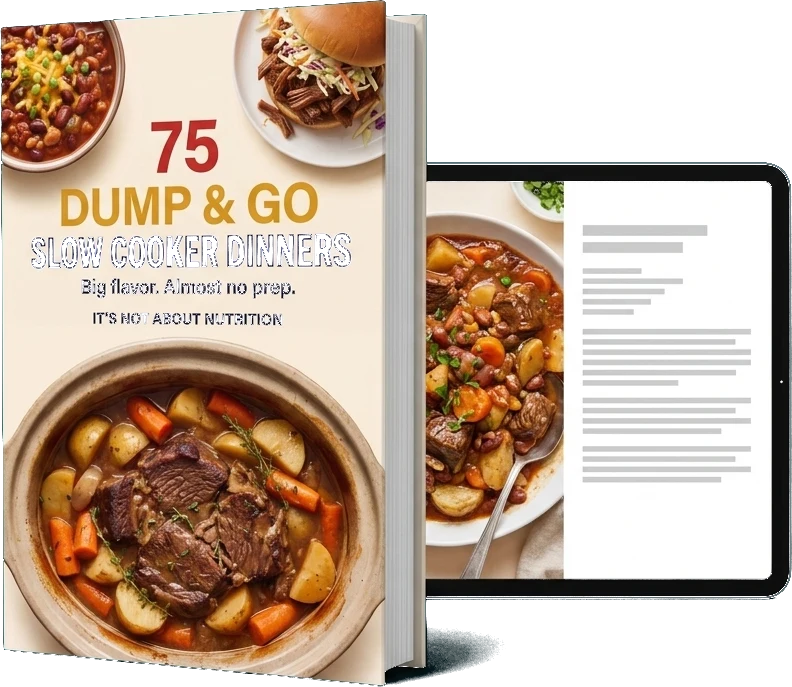 75 Dump & Go Slow Cooker Dinners shown as a printed cookbook and on a tablet