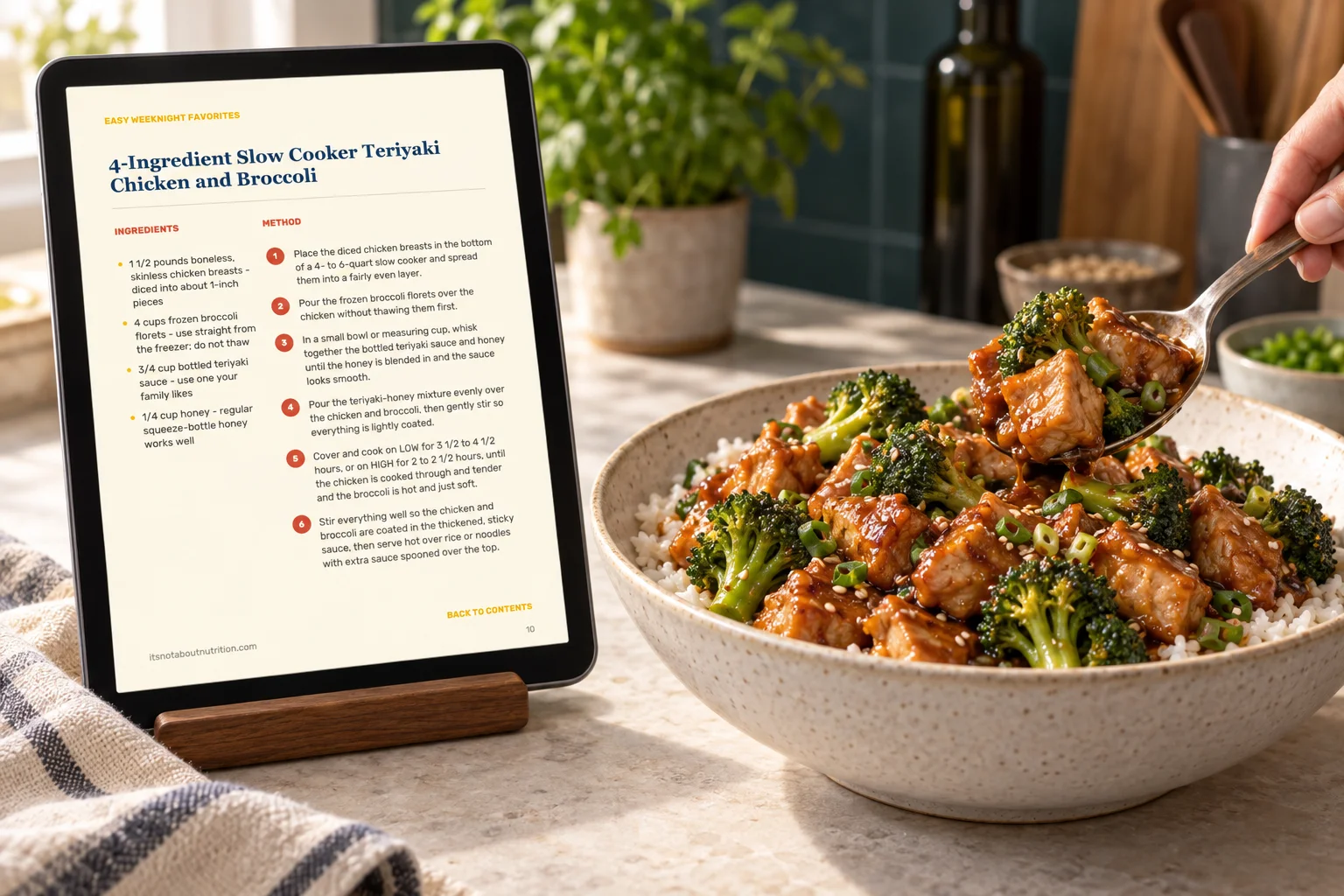 Illustrative kitchen scene with the digital recipe on a tablet beside chicken and broccoli over rice