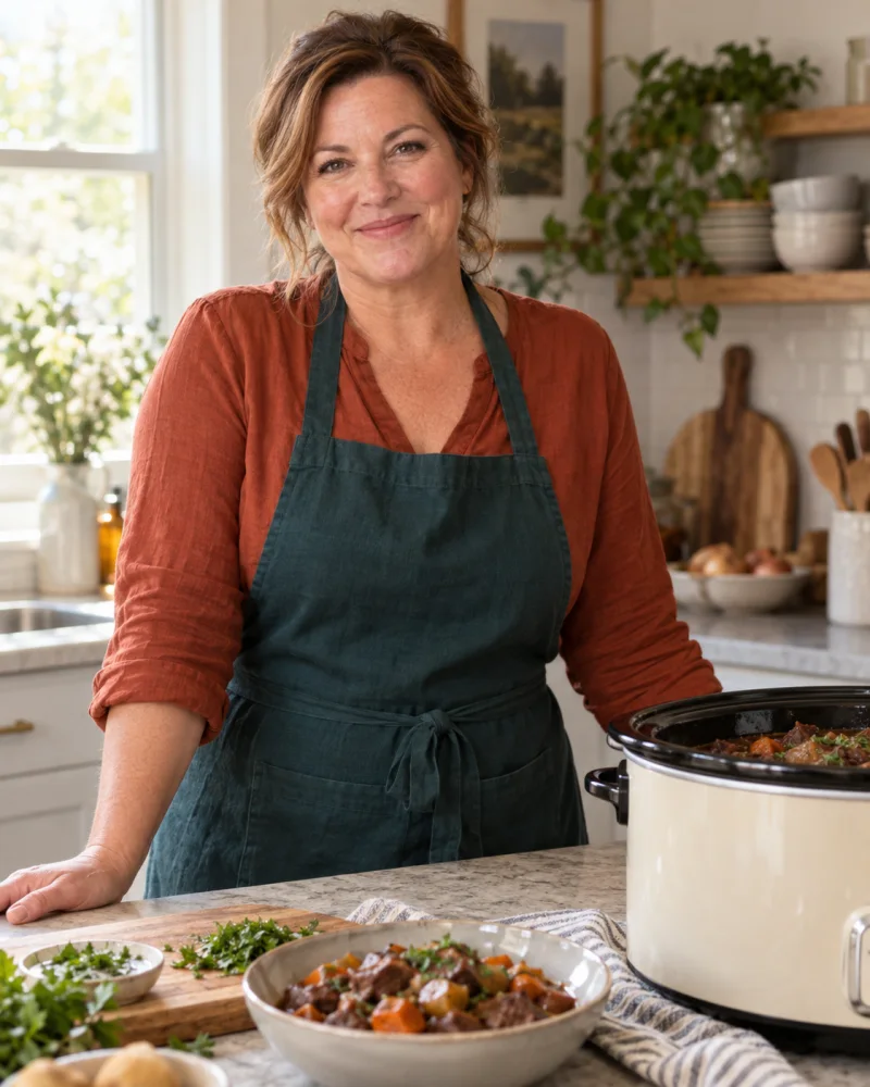 Samantha in her home kitchen beside a slow cooker