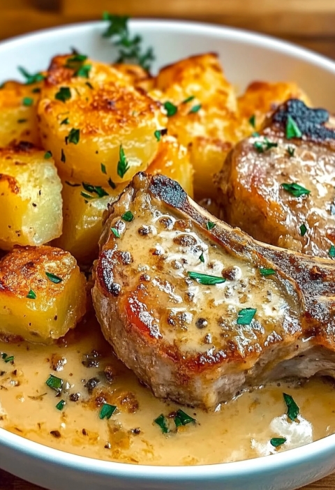 Garlic Butter Pork Chops with Cheesy Potato Bake