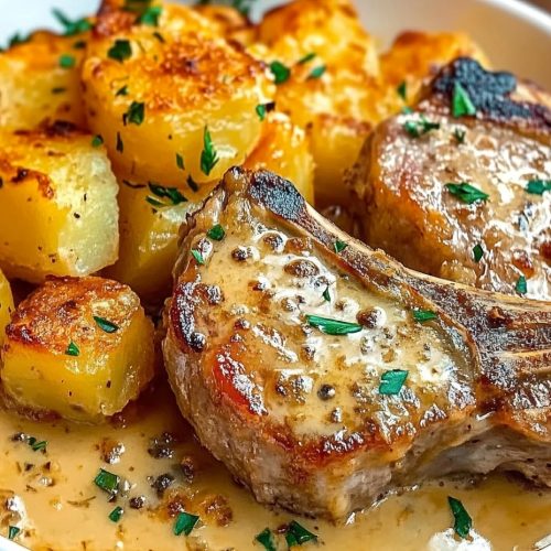 Garlic Butter Pork Chops with Cheesy Potato Bake
