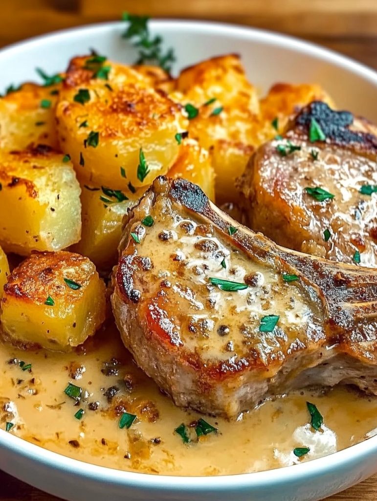Garlic Butter Pork Chops with Cheesy Potato Bake