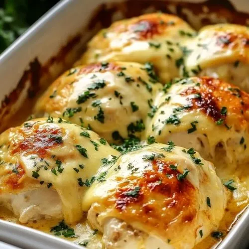 Baked cream cheese chicken topped with melted cheese and parsley