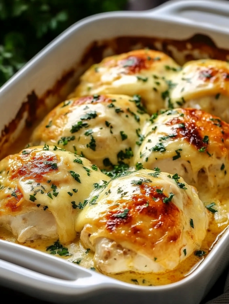 Baked cream cheese chicken topped with melted cheese and parsley