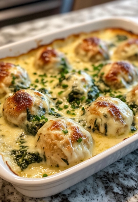 CHICKEN RICOTTA MEATBALLS WITH SPINACH ALFREDO SAUCE