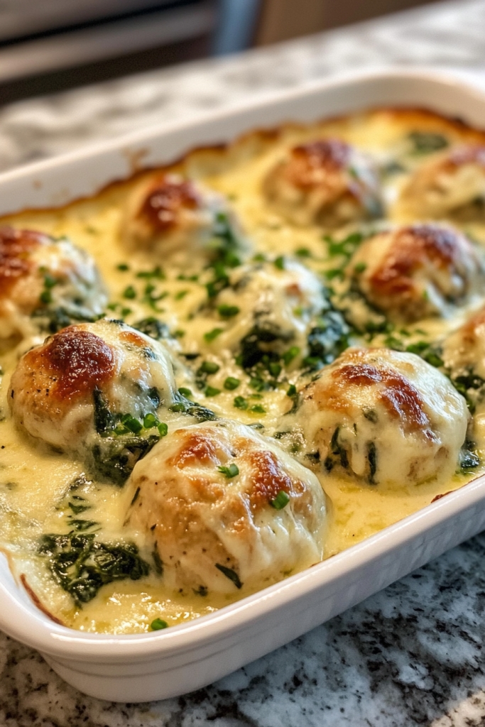 CHICKEN RICOTTA MEATBALLS WITH SPINACH ALFREDO SAUCE