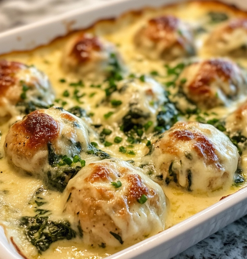 CHICKEN RICOTTA MEATBALLS WITH SPINACH ALFREDO SAUCE