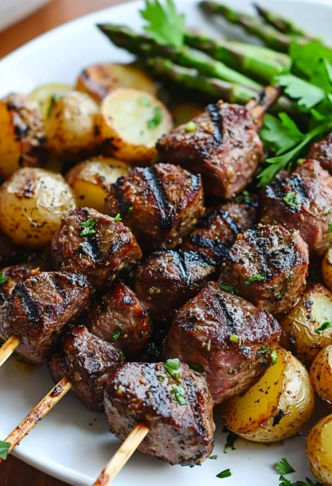 GARLICKY RIBEYE STEAK KABOBS with roasted asparagus and potatoes