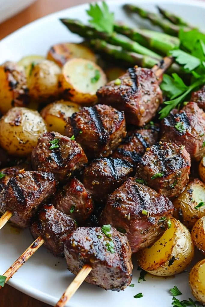 GARLICKY RIBEYE STEAK KABOBS with roasted asparagus and potatoes