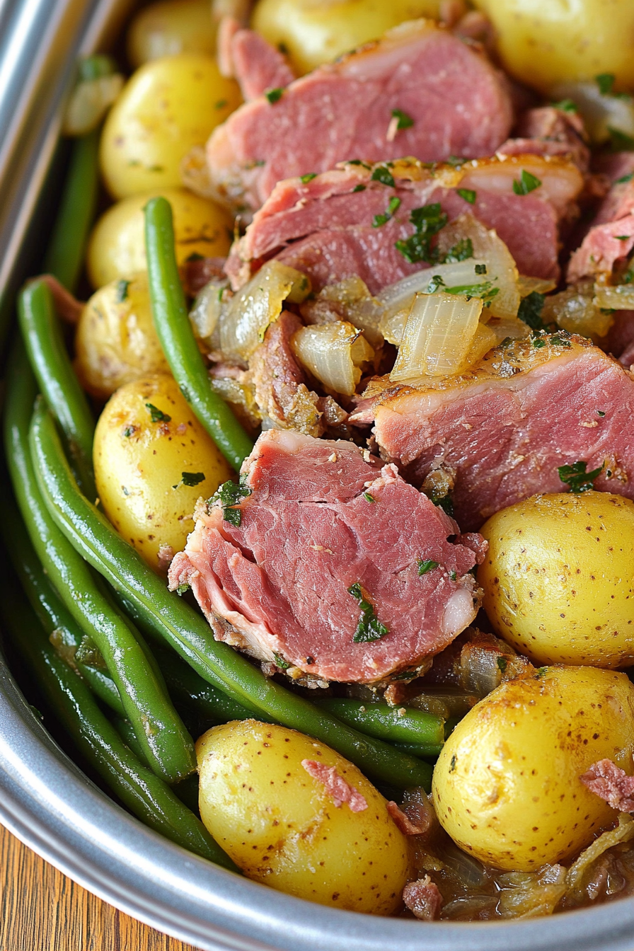 Serving of Ham, Green Beans, and Potatoes