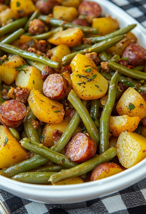 SAUSAGE GREEN BEAN POTATO CASSEROLE