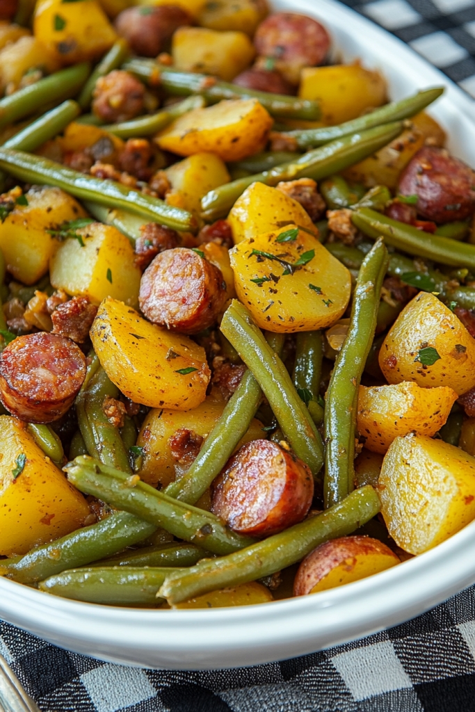 SAUSAGE GREEN BEAN POTATO CASSEROLE