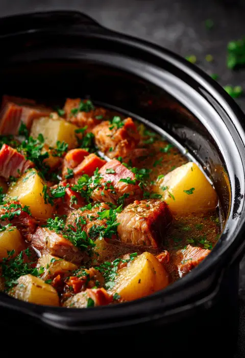 Slow Cooker Ham and Potatoes with Bacon