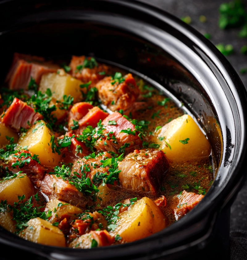 Slow Cooker Ham and Potatoes with Bacon