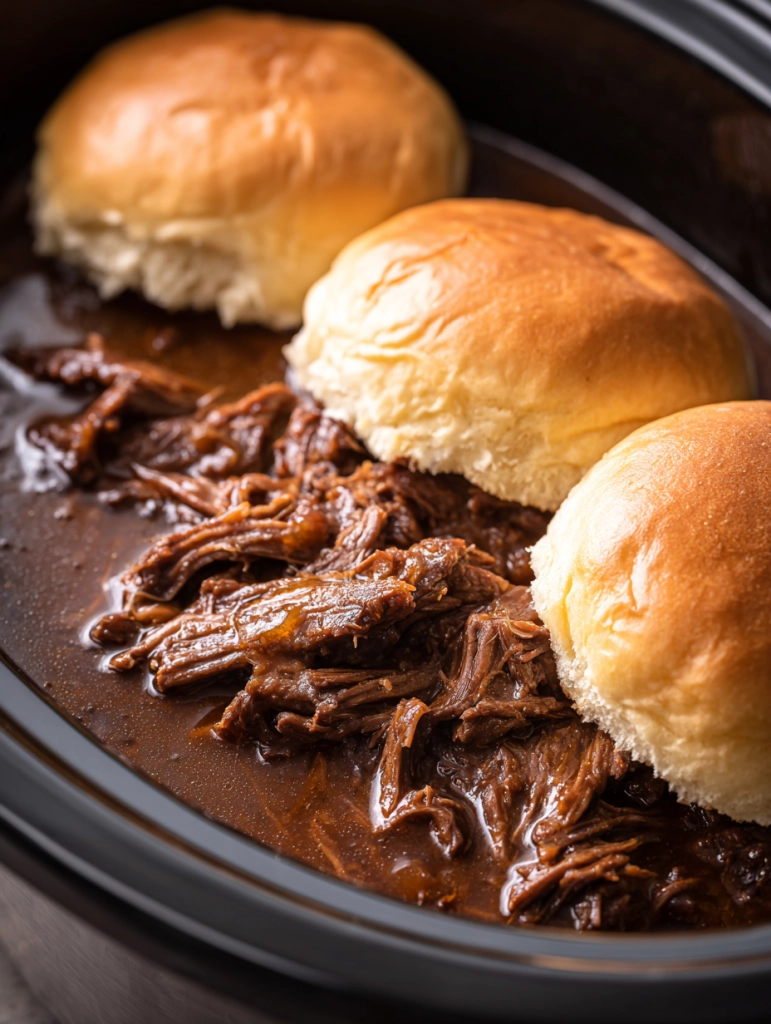 Shredded French dip beef with sandwich rolls in a slow cooker