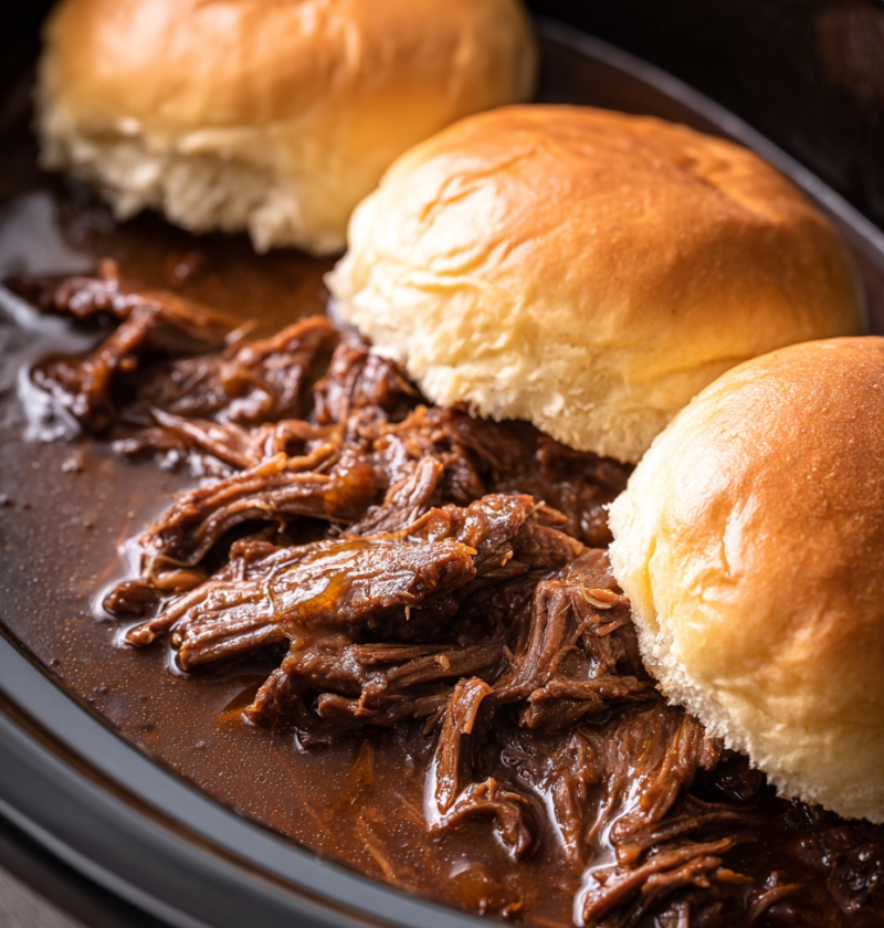 Shredded French dip beef with sandwich rolls in a slow cooker
