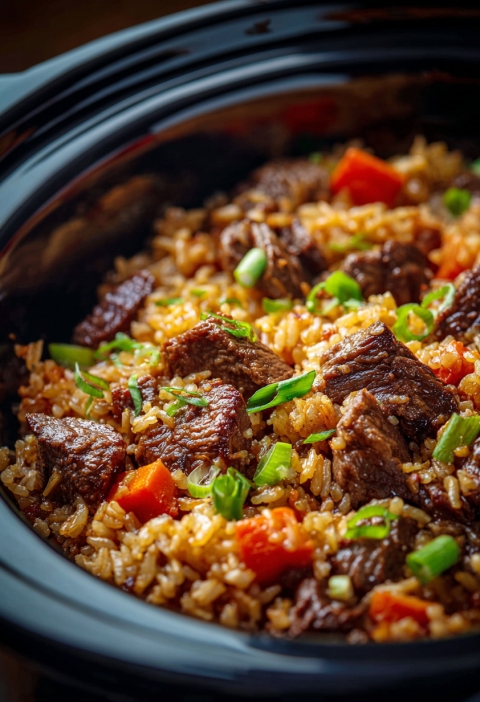 Baked Onion Beef Fried Rice with Mixed Vegetables