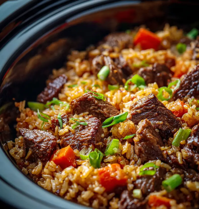 Baked Onion Beef Fried Rice with Mixed Vegetables