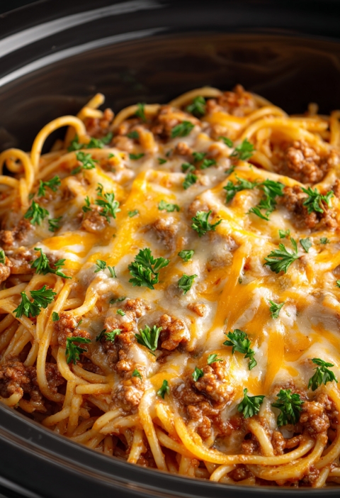 Slow Cooker 4-Ingredient Cheesy Spaghetti