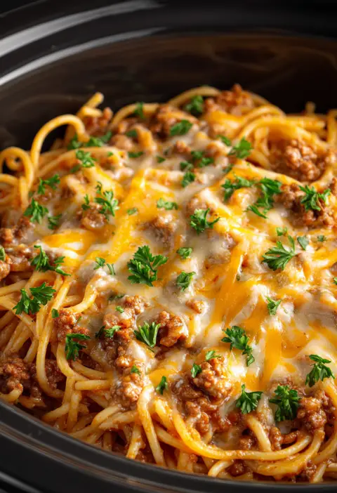 Slow Cooker 4-Ingredient Cheesy Spaghetti