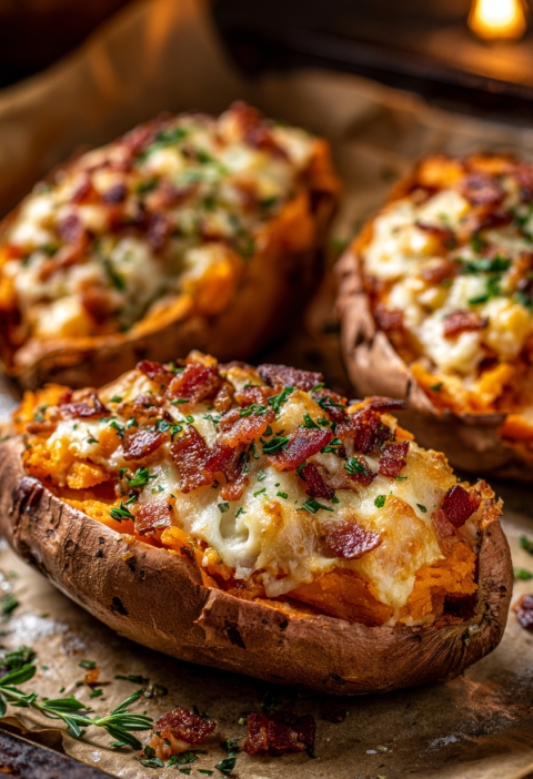 Slow Cooker Cheesy Bacon Stuffed Sweet Potatoes