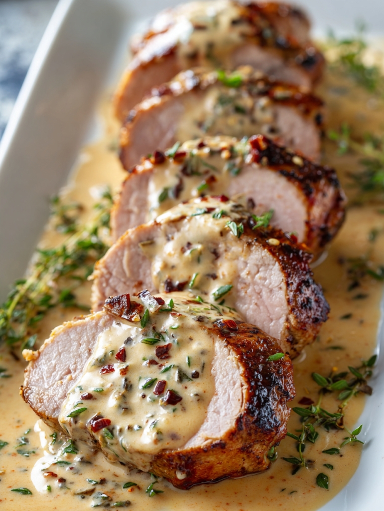 Slow Cooker Herb-Crusted Pork Tenderloin with Creamy Dijon and Herb Sauce