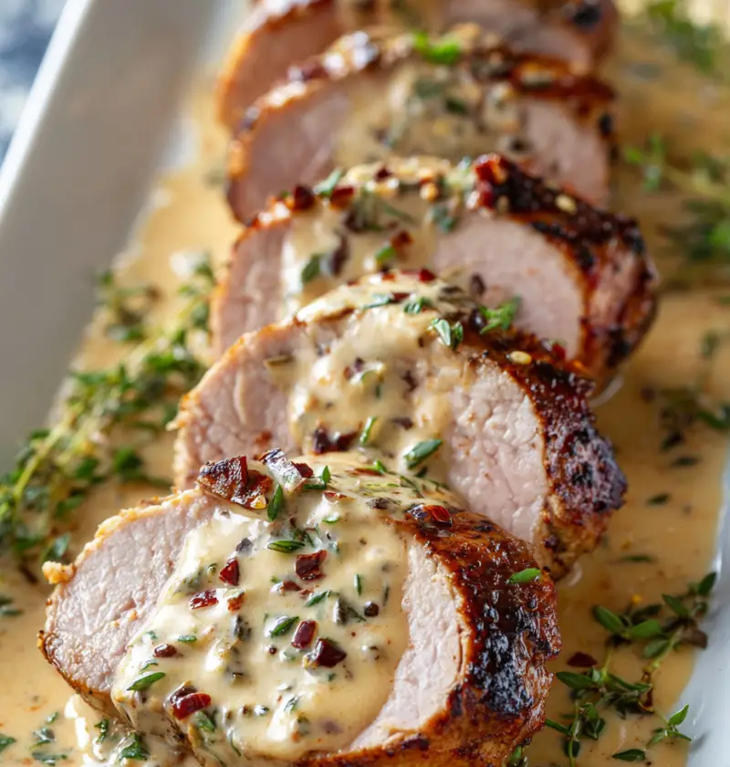 Slow Cooker Herb-Crusted Pork Tenderloin with Creamy Dijon and Herb Sauce
