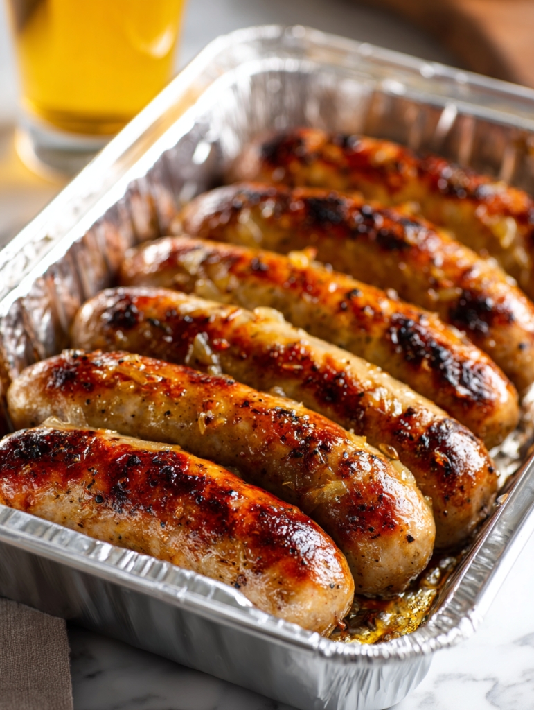 Honey garlic glazed sausages in an aluminum baking tray