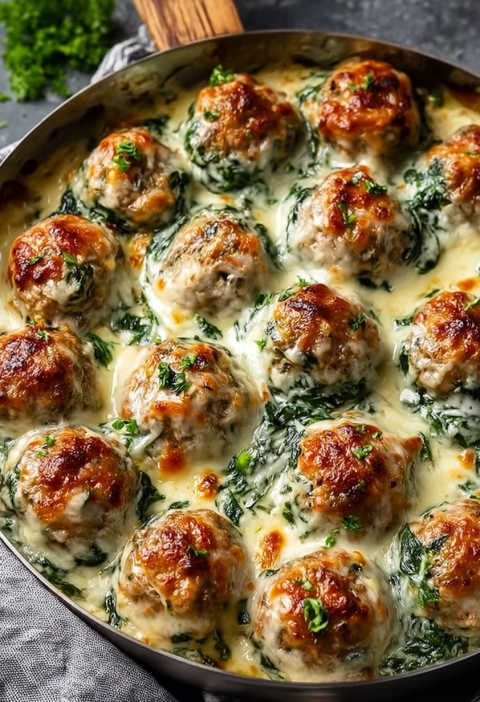 Southern Baked Chicken Ricotta Meatballs with Spinach Alfredo