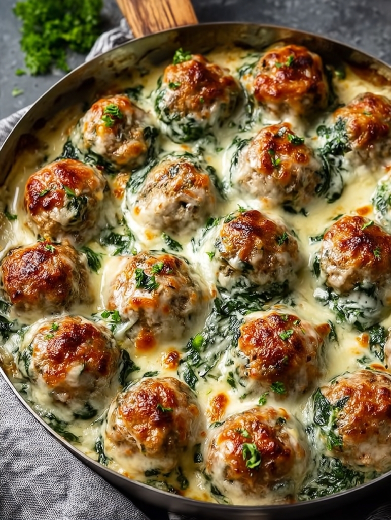 Southern Baked Chicken Ricotta Meatballs with Spinach Alfredo