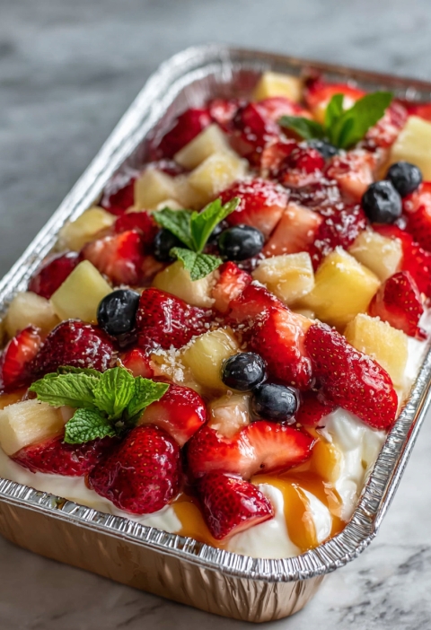 Cheesecake Fruit Salad In Tin Foil Tray