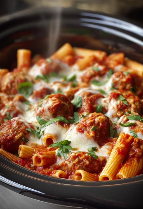 Slow Cooker 5-Ingredient Meatball Marinara Pasta