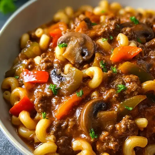Slow Cooker Beef Goulash with Bell Peppers and Mushrooms