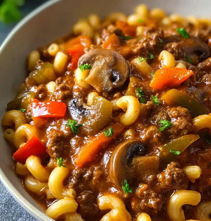Slow Cooker Beef Goulash with Bell Peppers and Mushrooms