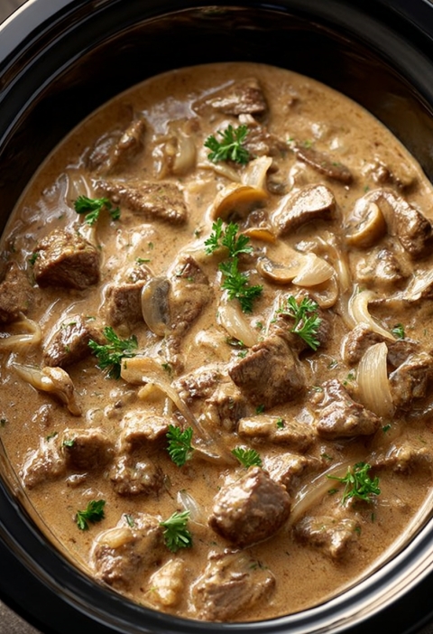 Slow Cooker 4-Ingredient Beef Stroganoff Pasta