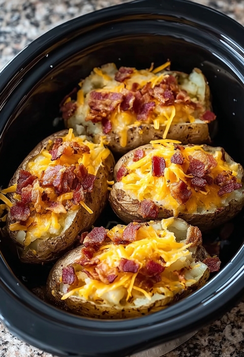 Slow Cooker Bacon & Cheddar Baked Potatoes
