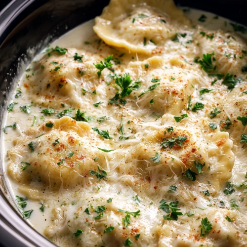 Slow Cooker Creamy Chicken Alfredo Ravioli Bake