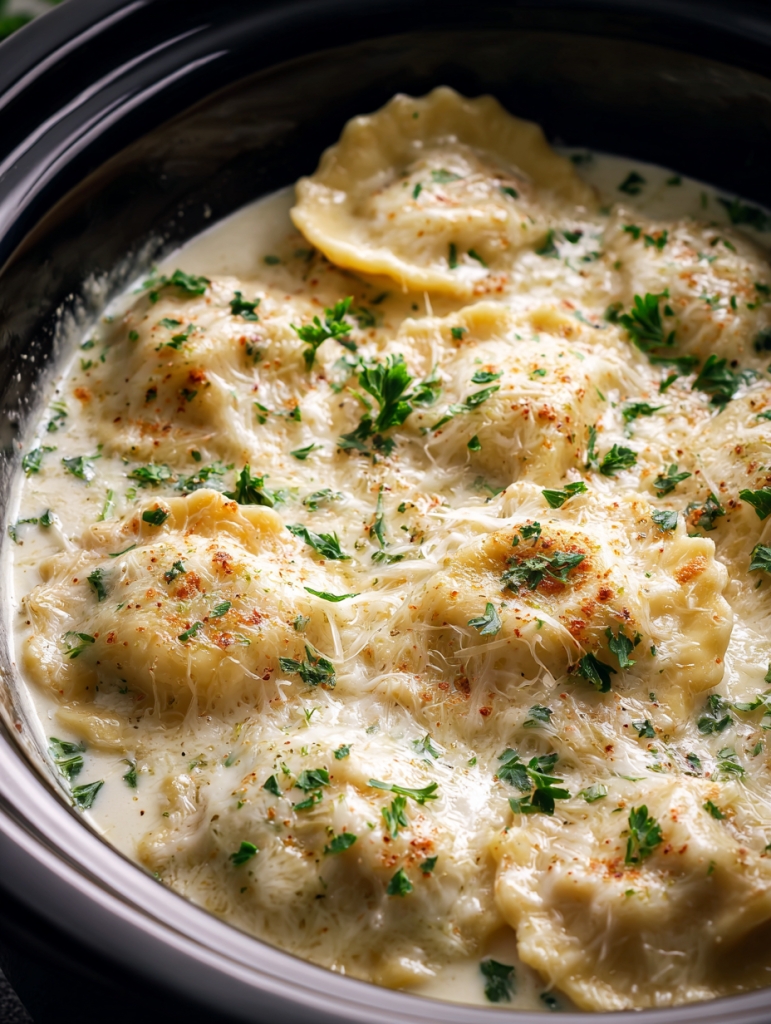 Slow Cooker Creamy Chicken Alfredo Ravioli Bake