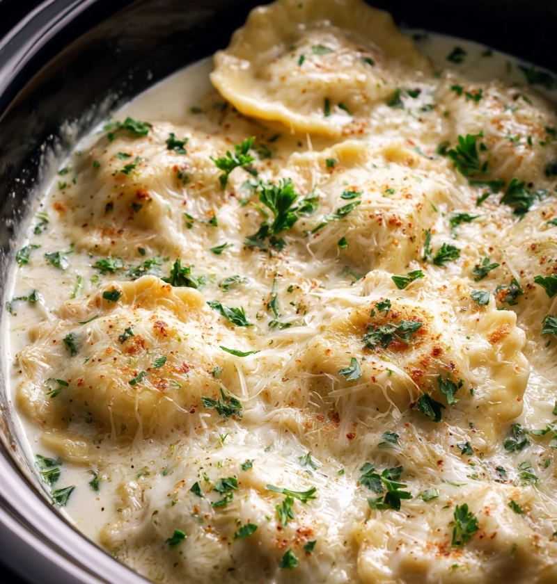 Slow Cooker Creamy Chicken Alfredo Ravioli Bake