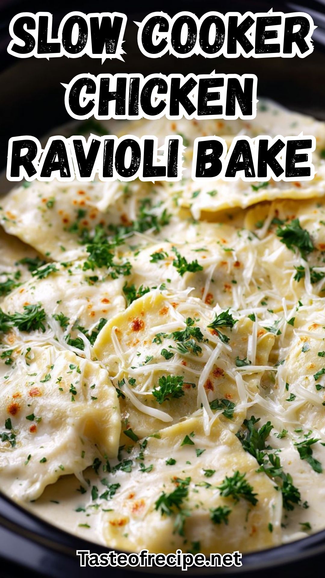 Slow Cooker Creamy Chicken Alfredo Ravioli Bake