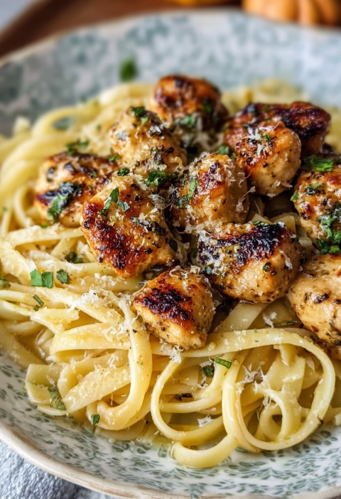 Garlic Butter Chicken Bites with Savory Parmesan Linguine